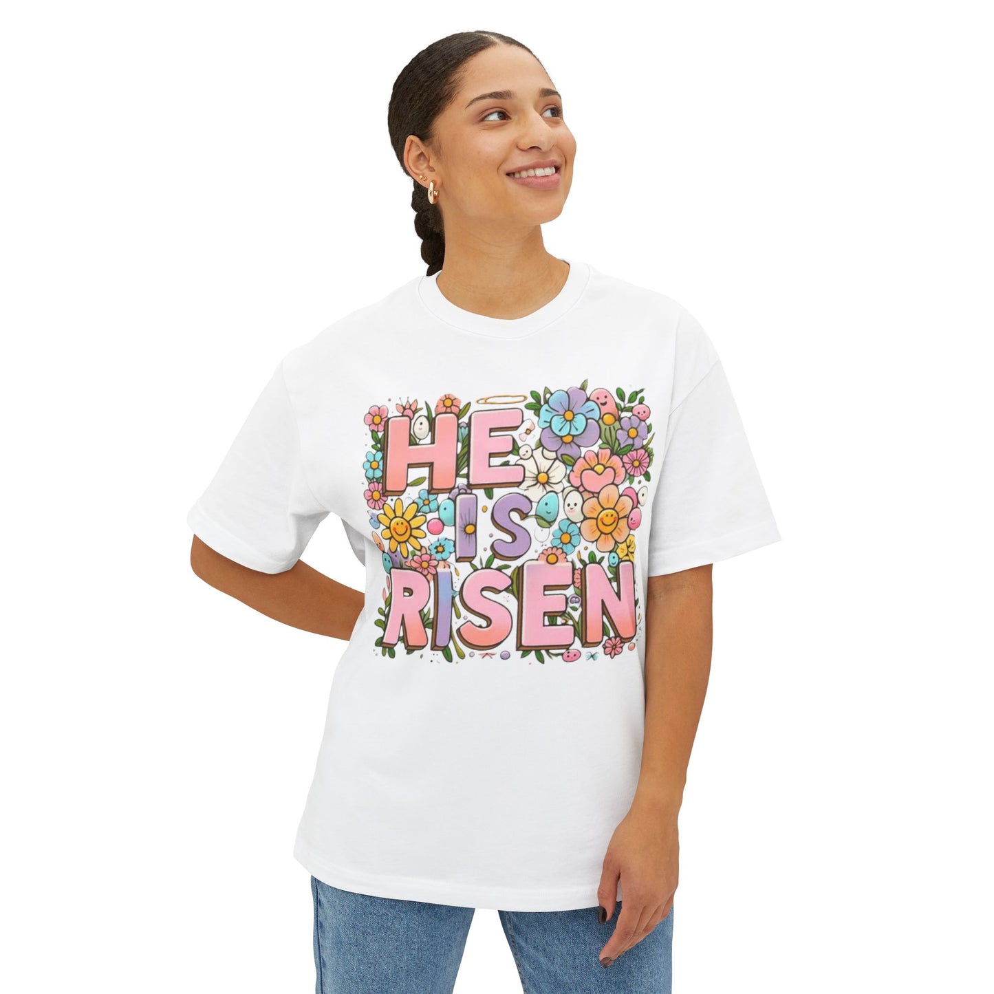 Floral Easter Graphic Tee - "He is Risen" Unisex Oversized Boxy T-Shirt