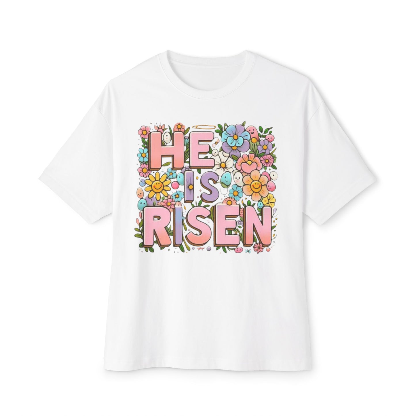 Floral Easter Graphic Tee - "He is Risen" Unisex Oversized Boxy T-Shirt