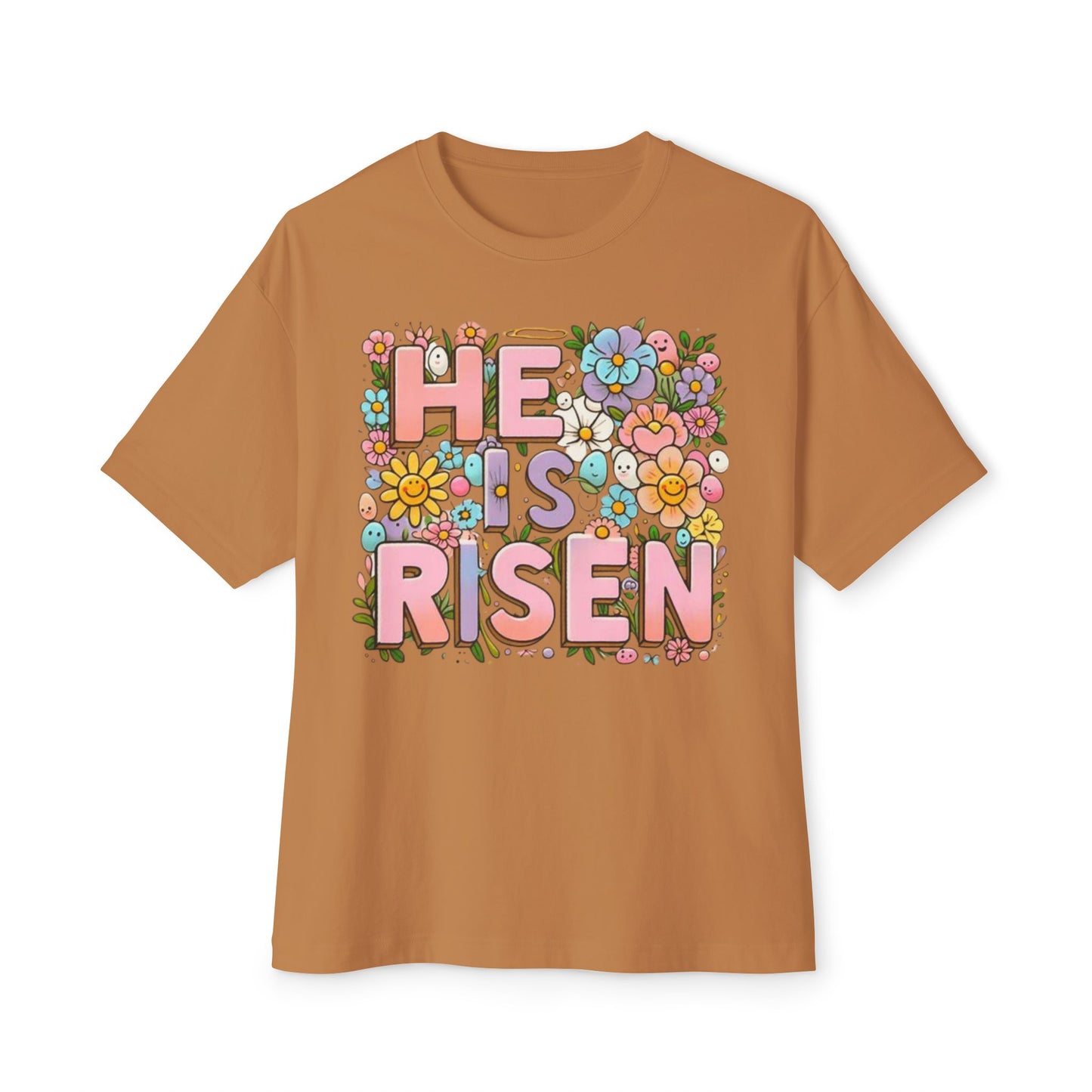 Floral Easter Graphic Tee - "He is Risen" Unisex Oversized Boxy T-Shirt