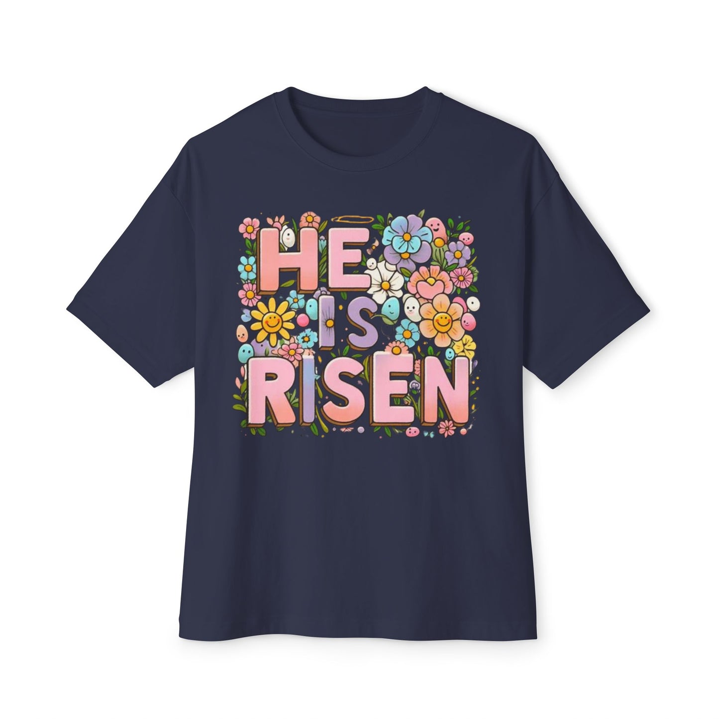 Floral Easter Graphic Tee - "He is Risen" Unisex Oversized Boxy T-Shirt