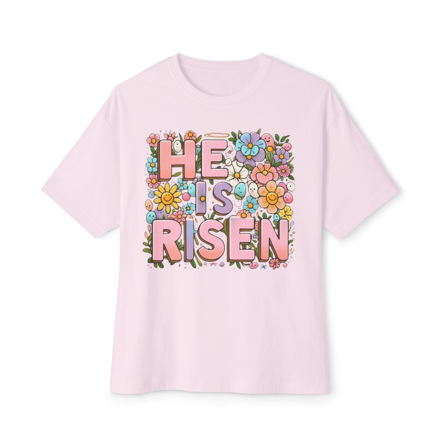 Floral Easter Graphic Tee - "He is Risen" Unisex Oversized Boxy T-Shirt