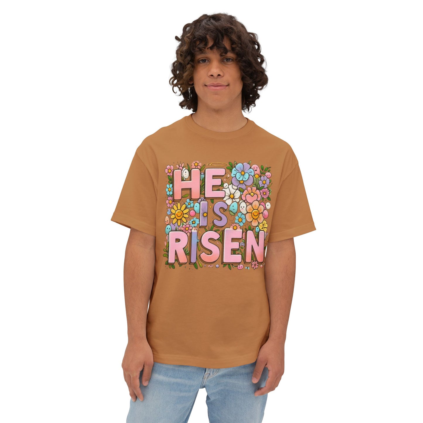 Floral Easter Graphic Tee - "He is Risen" Unisex Oversized Boxy T-Shirt