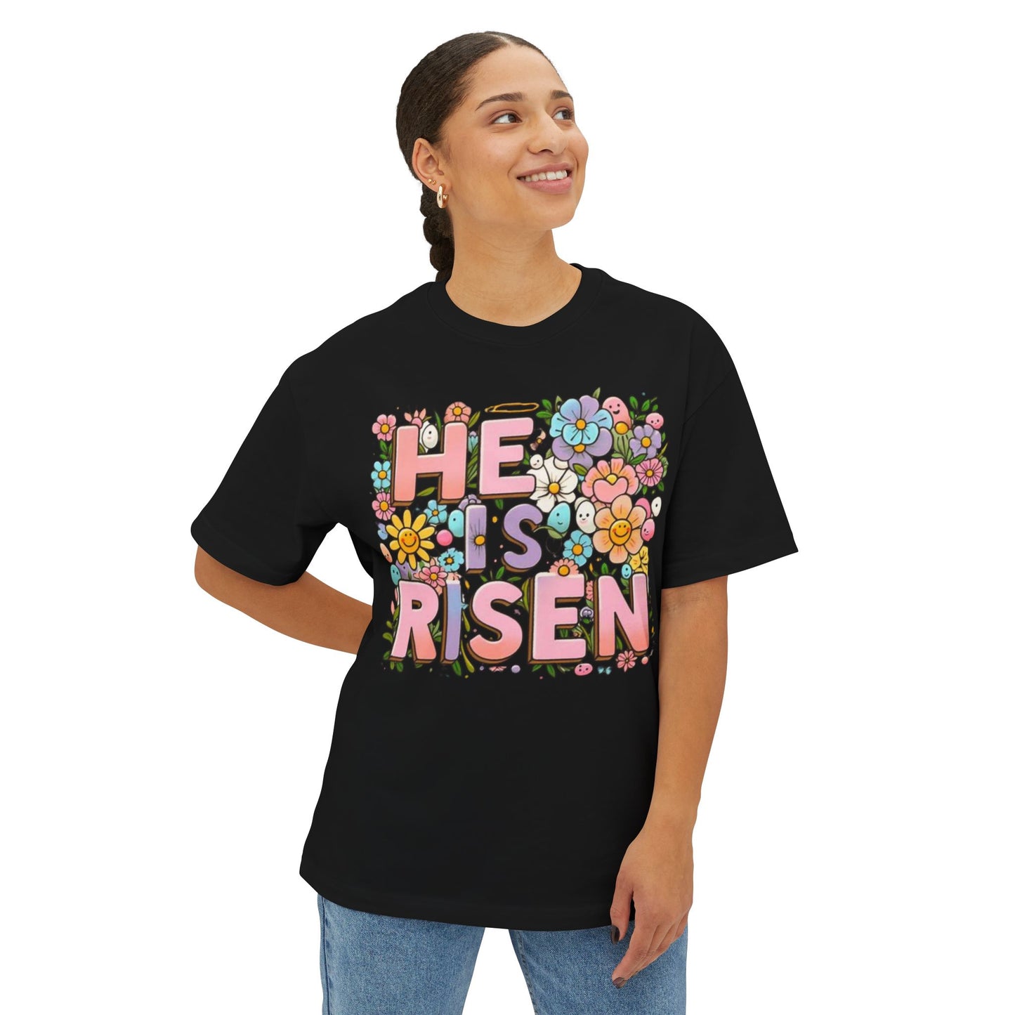 Floral Easter Graphic Tee - "He is Risen" Unisex Oversized Boxy T-Shirt
