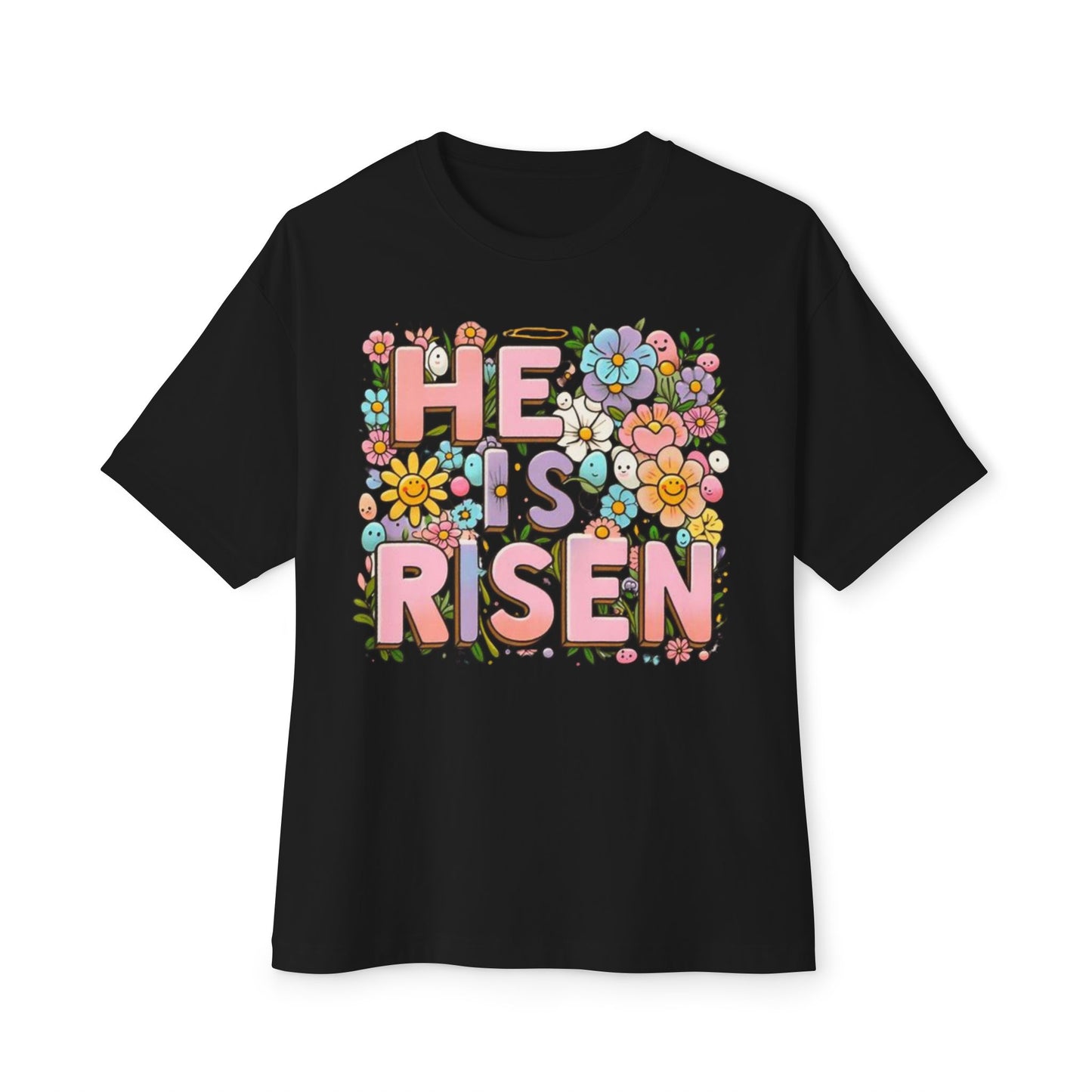 Floral Easter Graphic Tee - "He is Risen" Unisex Oversized Boxy T-Shirt